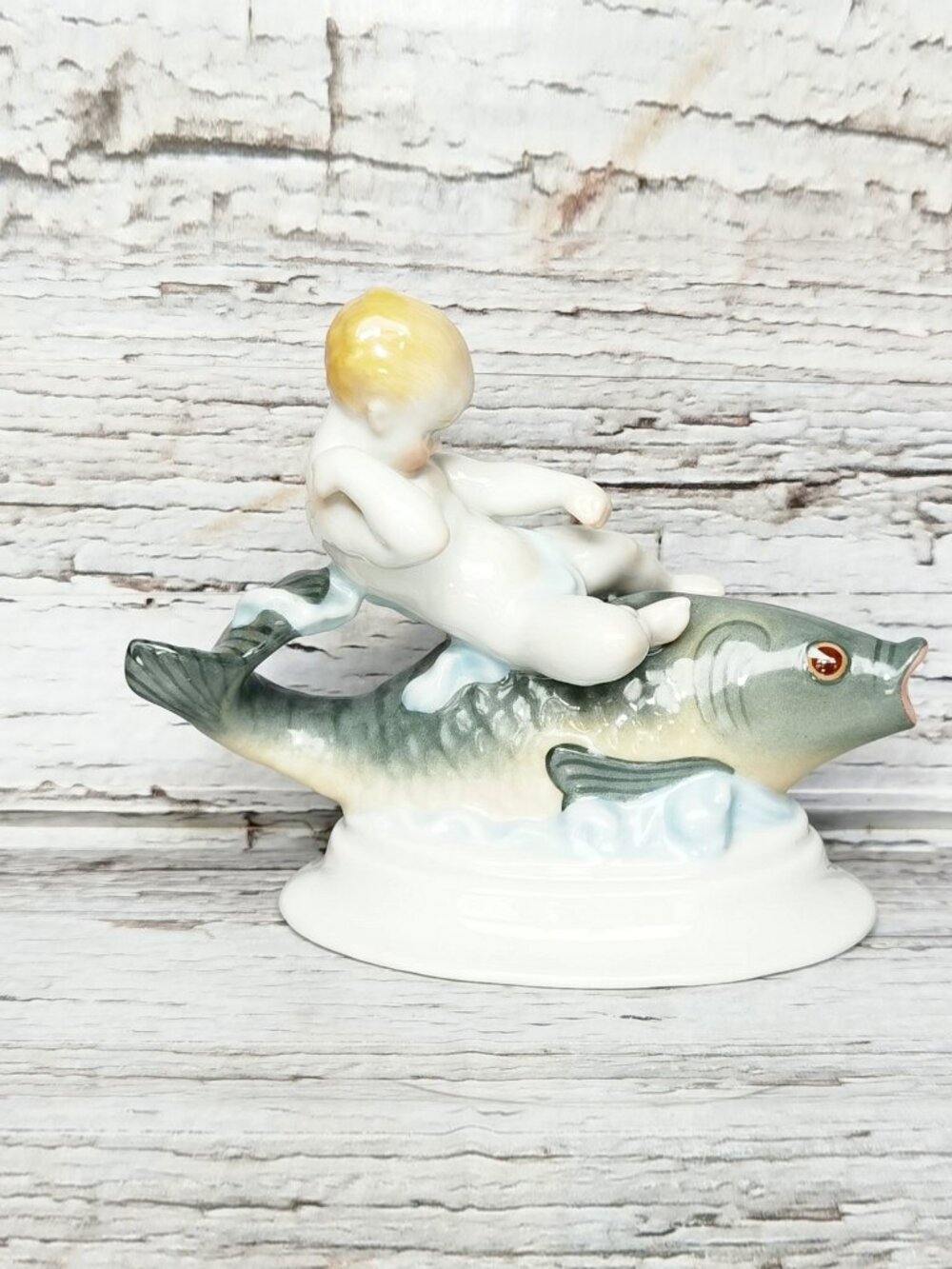 Vintage Herend Hungary Porcelain Figurine 5747 Putti Cherub Boy Riding Fish